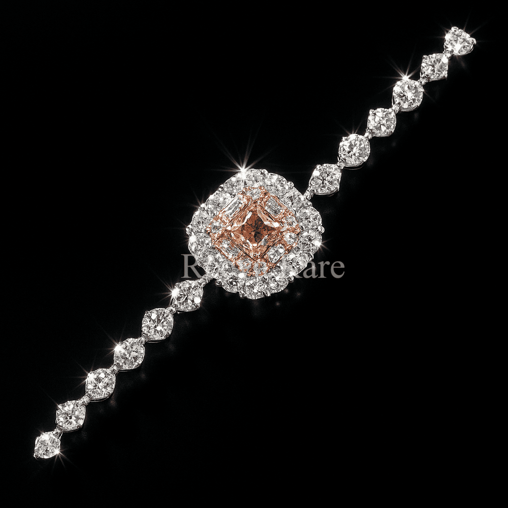 Pink cushion diamond watch bracelet with white diamonds, luxury designer jewelry from Reeva Rare Pink cushion diamond watch bracelet with white diamonds, luxury designer jewelry from Reeva Rare