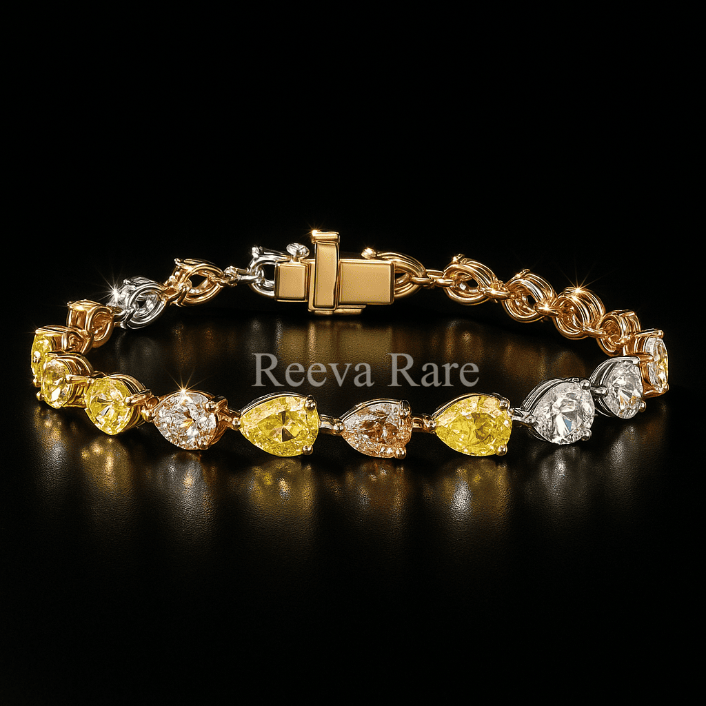 Pink, yellow, and white pear diamond vintage bracelet, luxury jewelry from Reeva Rare Pink, yellow, and white pear diamond vintage bracelet, luxury jewelry from Reeva Rare