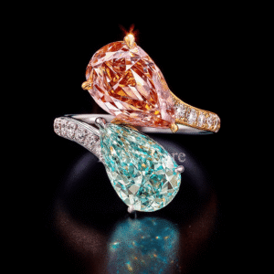 Green and pink lab CVD diamond rings, luxury jewelry from Reeva Rare