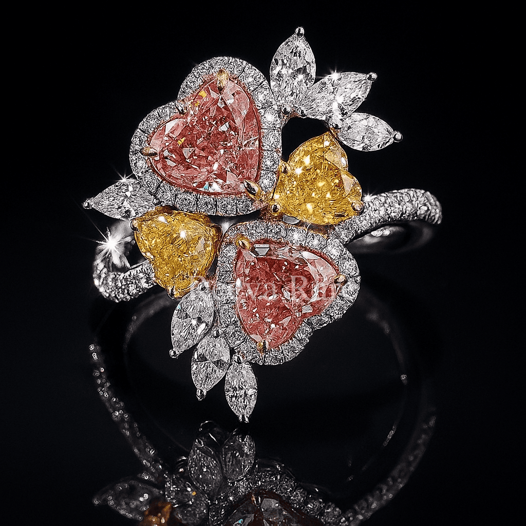 Pink and yellow heart diamond stylish rings, luxury jewelry from Reeva Rare