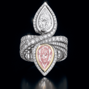 Dual pear diamond ring with pink and white diamonds, luxury statement ring from Reeva Rare