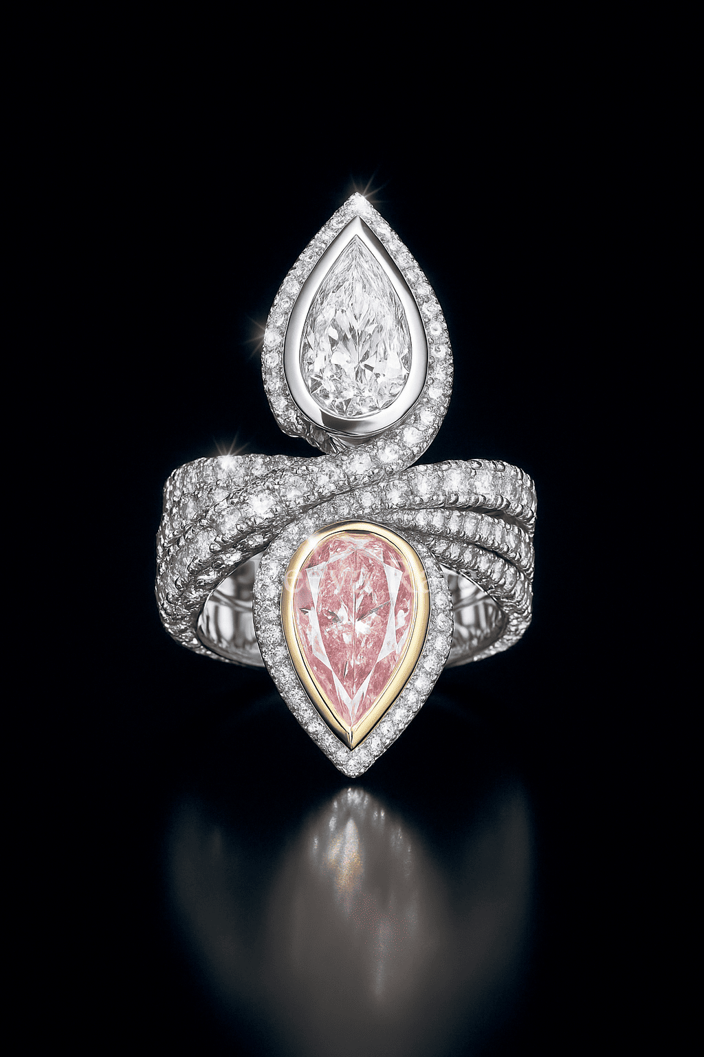 Dual pear diamond ring with pink and white diamonds, luxury statement ring from Reeva Rare Dual pear diamond ring with pink and white diamonds, luxury statement ring from Reeva Rare