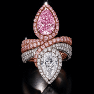 Twin pear diamond ring with pink and white diamonds, halo design luxury ring from Reeva Rare