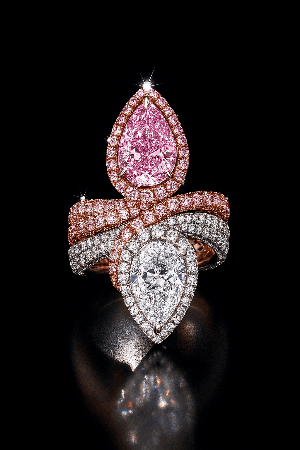 Twin pear diamond ring with pink and white diamonds, halo design luxury ring from Reeva Rare Twin pear diamond ring with pink and white diamonds, halo design luxury ring from Reeva Rare